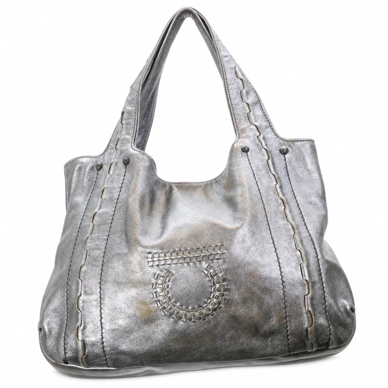 Salvatore Ferragamo Metallic Silver Leather Hobo Shoulder Bag Handbag Purse