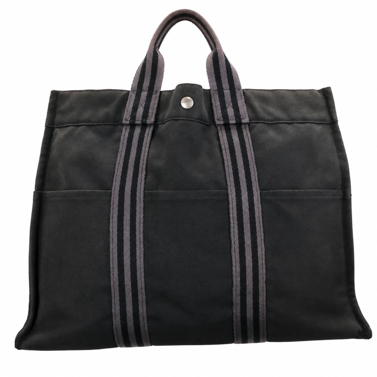 Hermès Fourre Tout MM Black Canvas Grey Stripe Tote Bag Handbag Purse