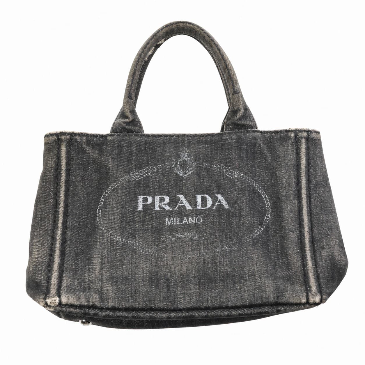 Prada Canapa Gray Canvas Logo Tote Handbag Purse Bag