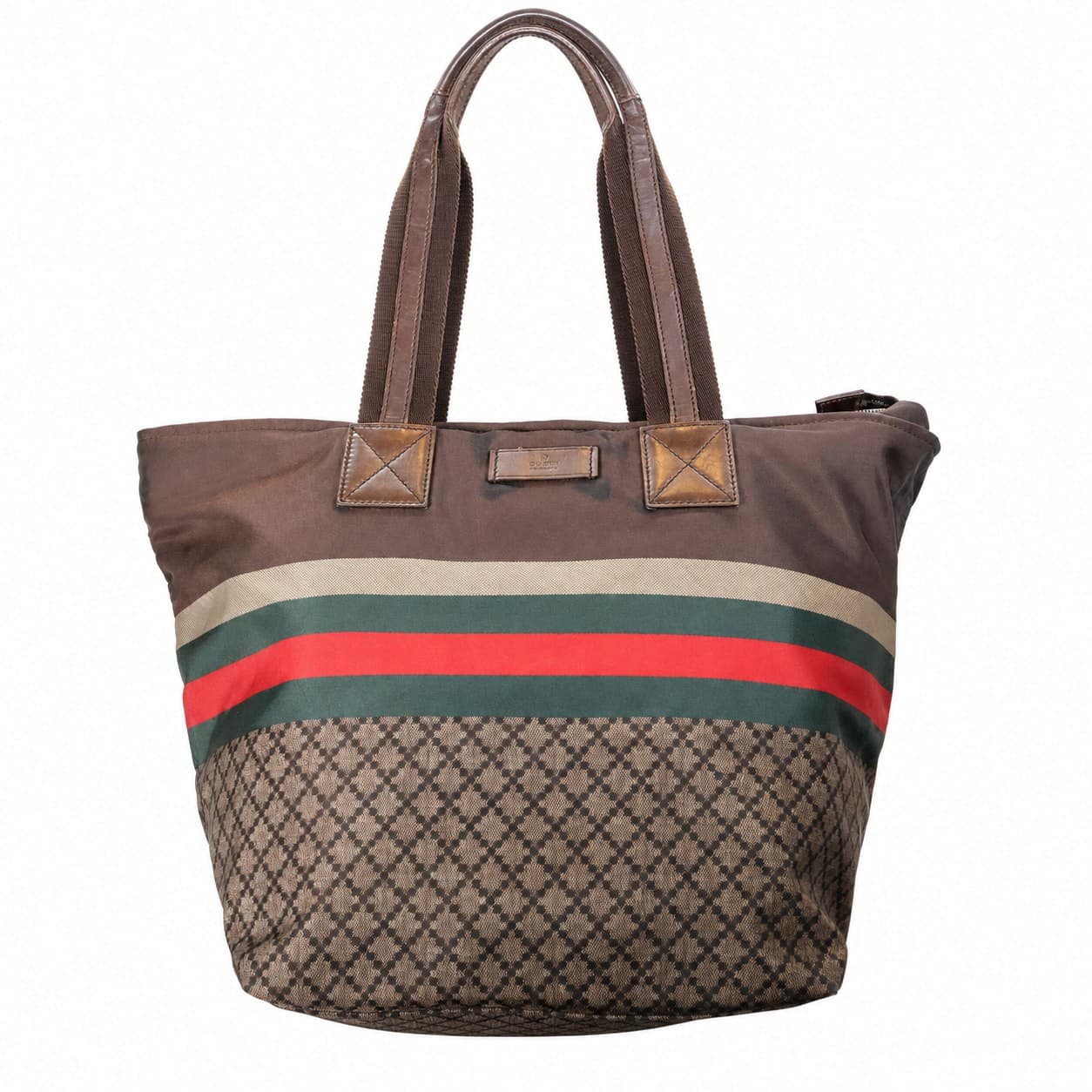 Gucci Diamante Canvas Web Stripe Nylon Leather Tote Shoulder Bag Brown