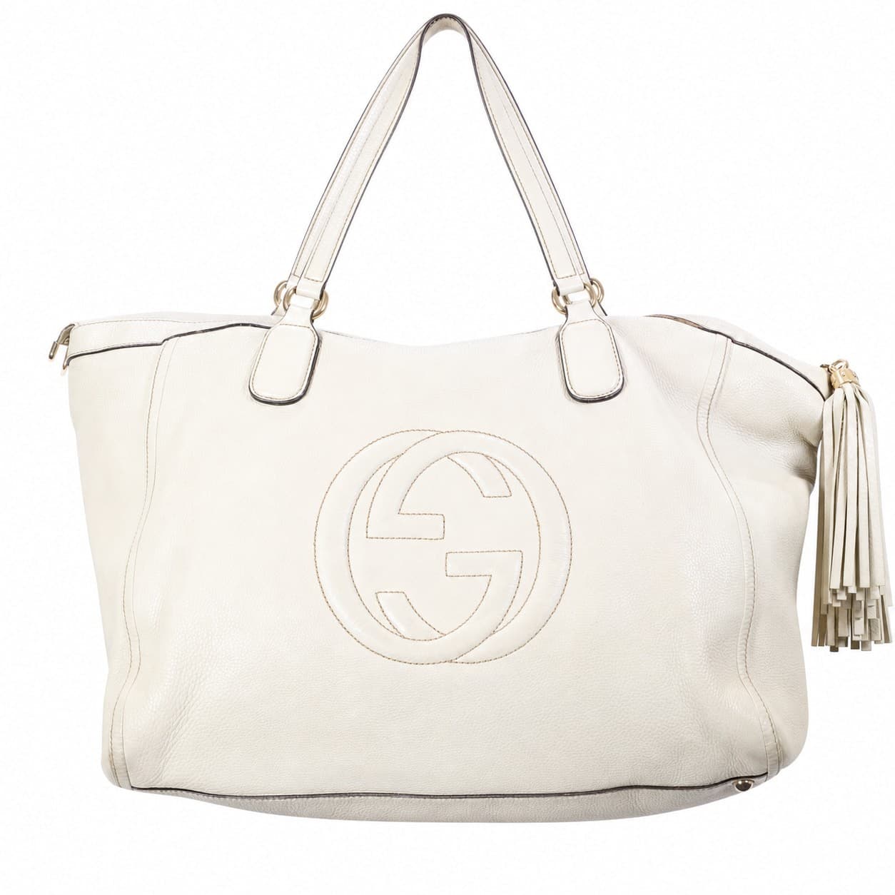 Gucci Soho Leather Tote Handbag Purse Bag Cream White Gold Hardware Tassel