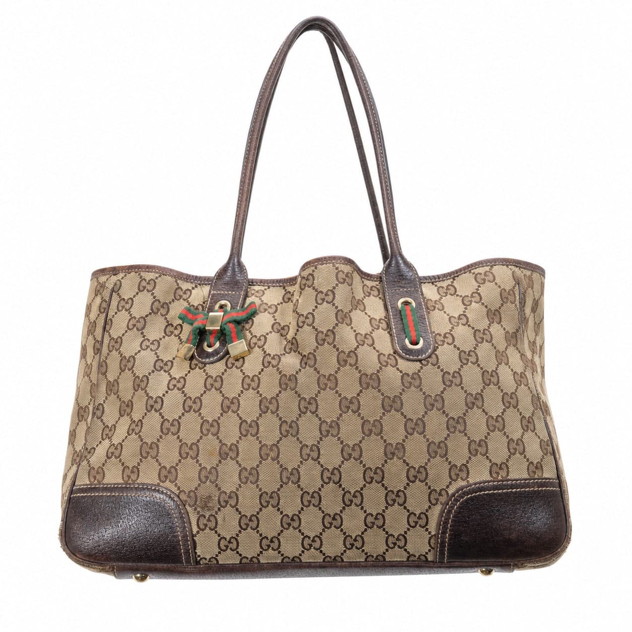 Gucci GG Canvas Brown Leather Web Stripe Tote Shoulder Bag Handbag Purse