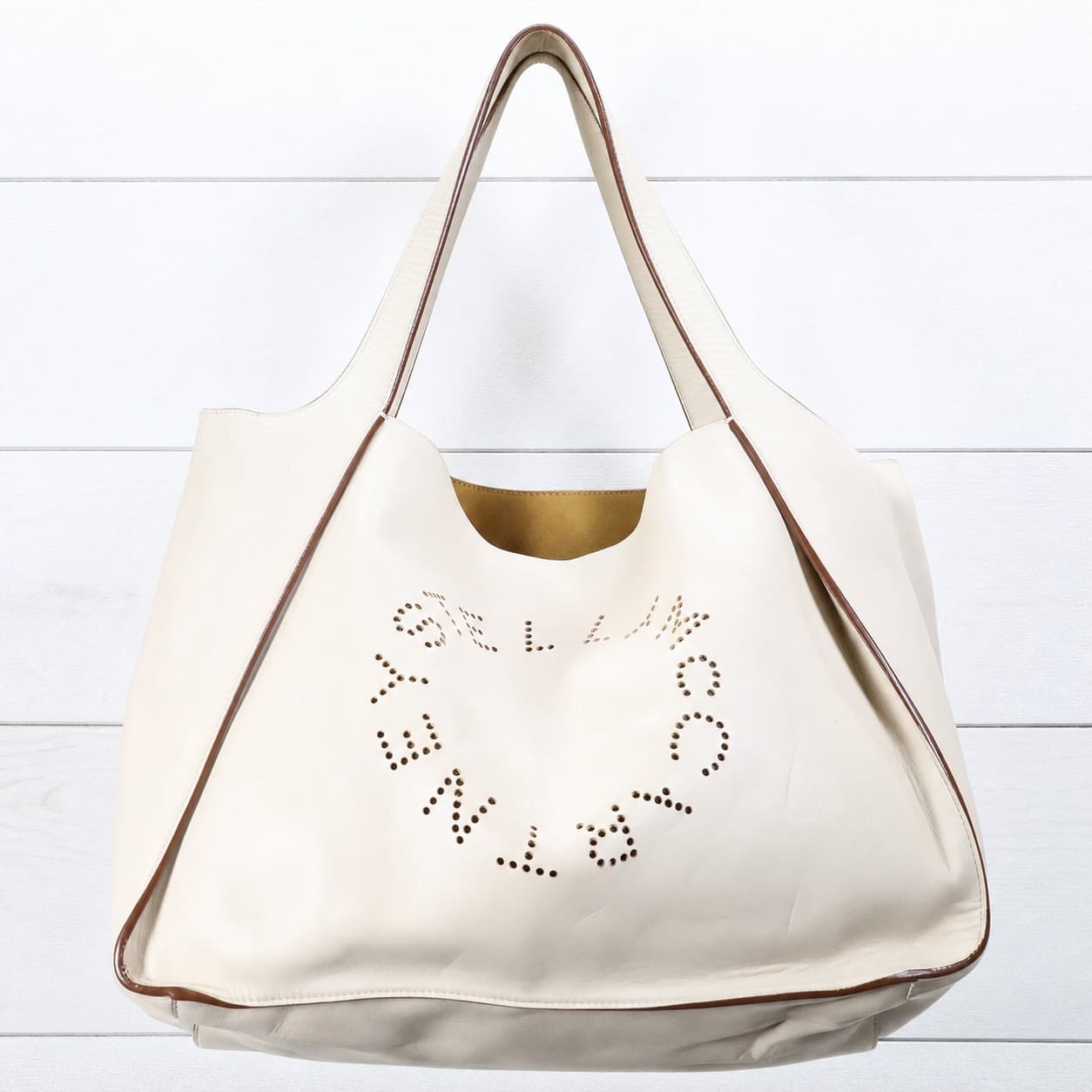 Stella McCartney Stella Logo Perforated Faux Leather Tote Bag Handbag Purse Cream
