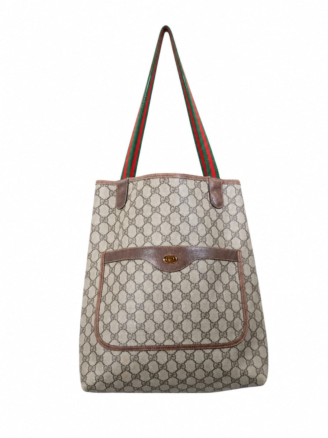 Gucci Accessory Collection GG Supreme Canvas Tote Shoulder Bag Brown Leather