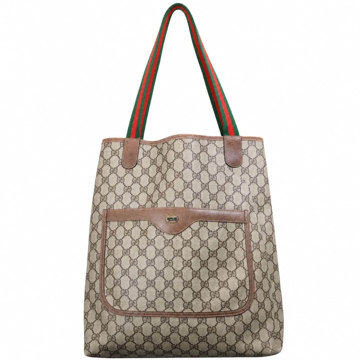 Gucci GG Canvas Web Stripe Tote Bag Purse Shoulder Handbag Brown Beige