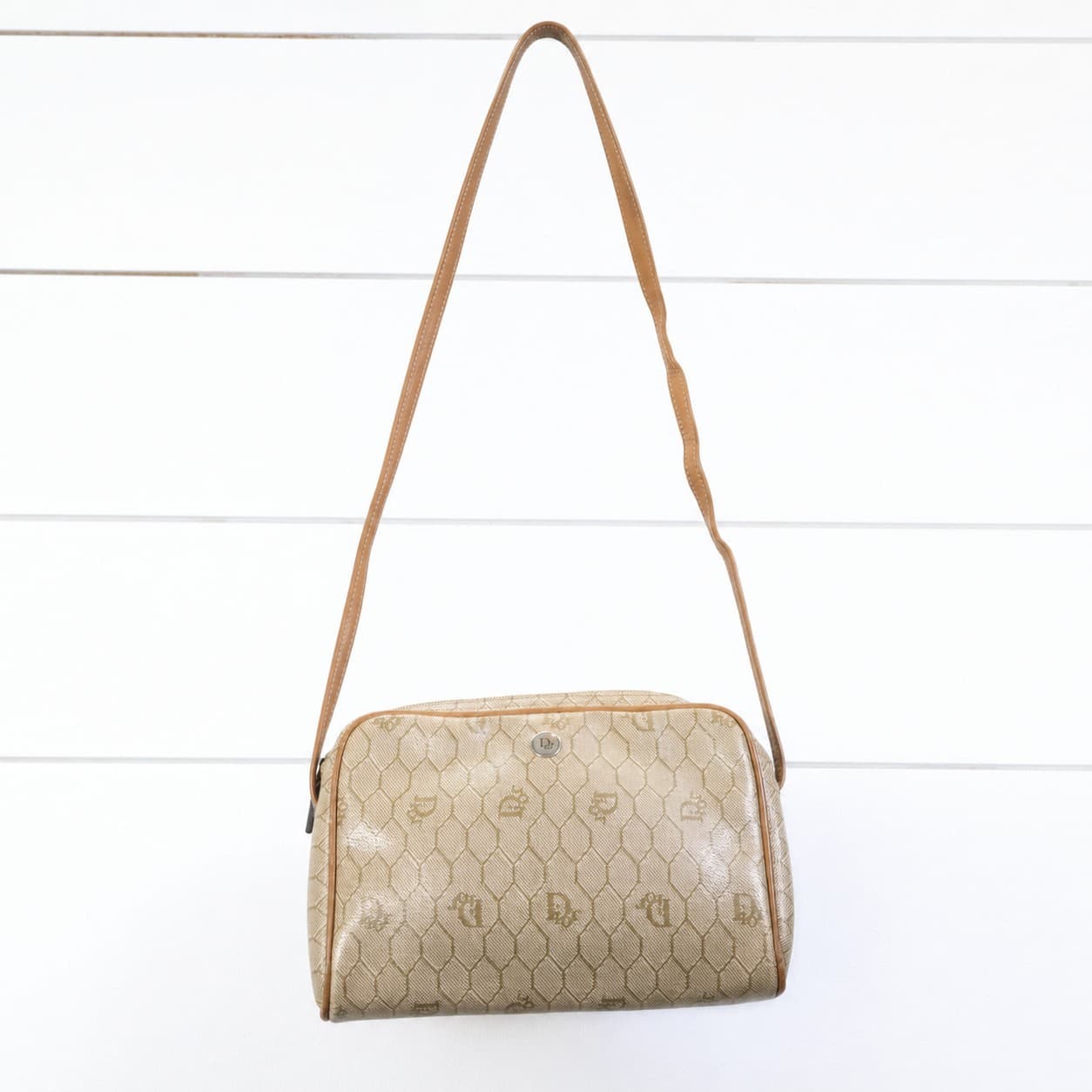 Christian Dior Honeycomb Monogram Coated Canvas Crossbody Shoulder Bag Beige