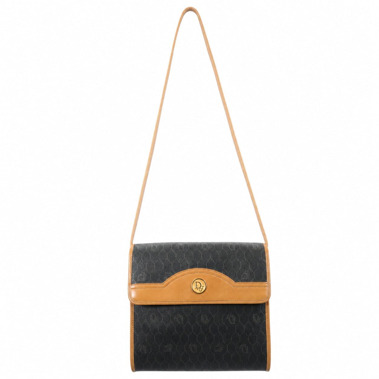 Christian Dior Honeycomb Monogram Coated Canvas Leather Shoulder Bag Crossbody Handbag Purse Black