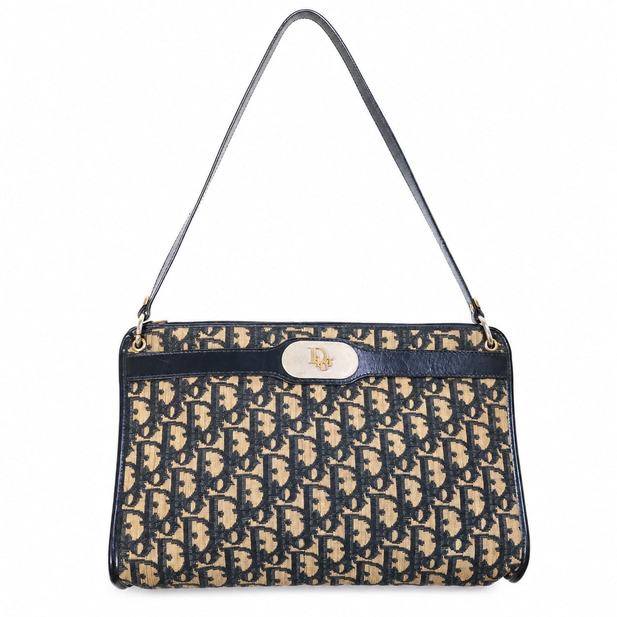 Christian Dior Oblique Trotter Canvas Shoulder Bag Handbag Purse Beige Black