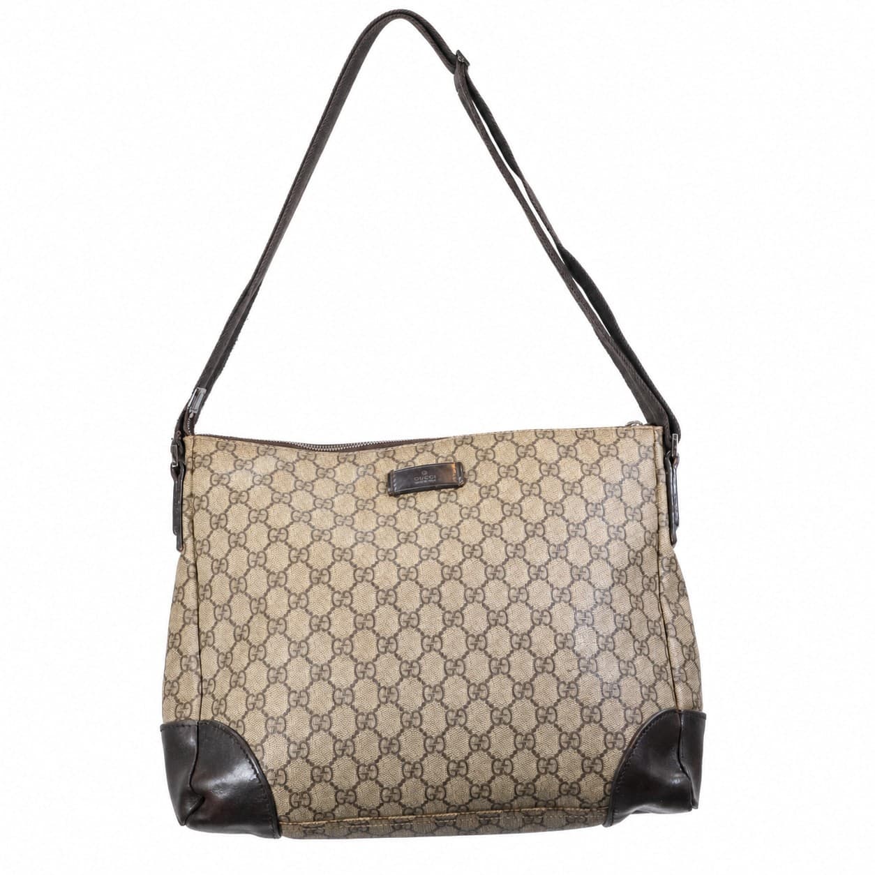 Gucci GG Canvas Shoulder Bag Crossbody Handbag Purse Beige Brown Leather