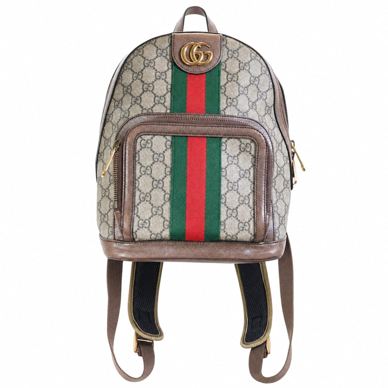 Gucci GG Supreme Canvas Backpack Brown Leather Web Stripe Beige