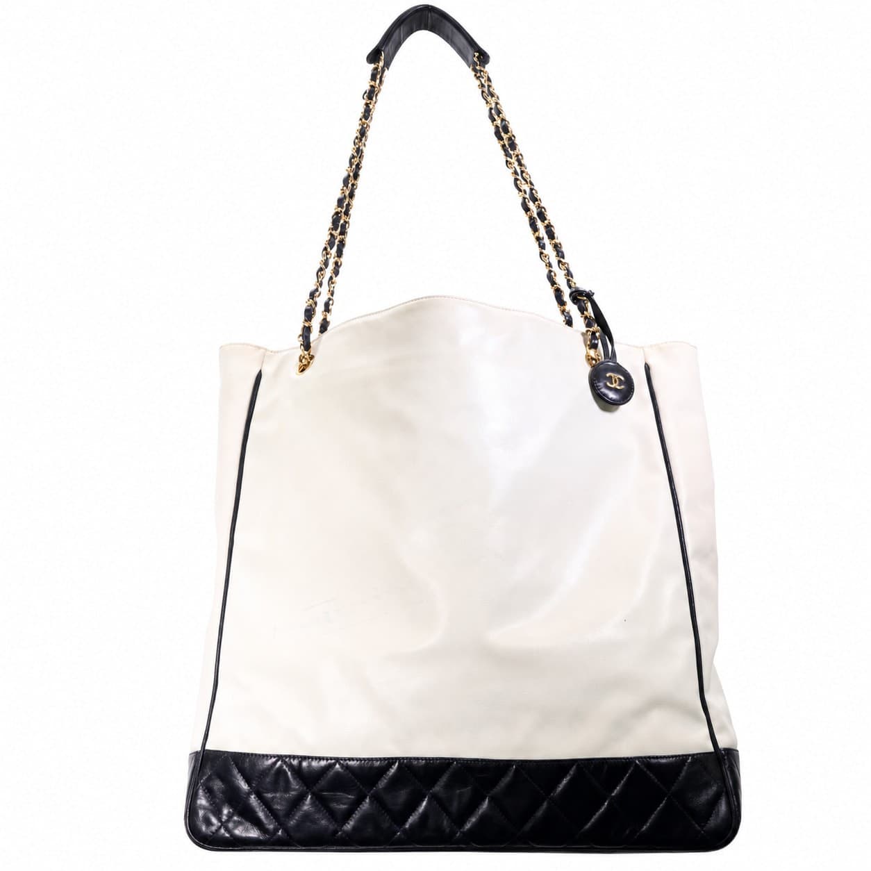 Chanel White Black Quilted Leather Canvas Tote Shoulder Bag Handbag Purse