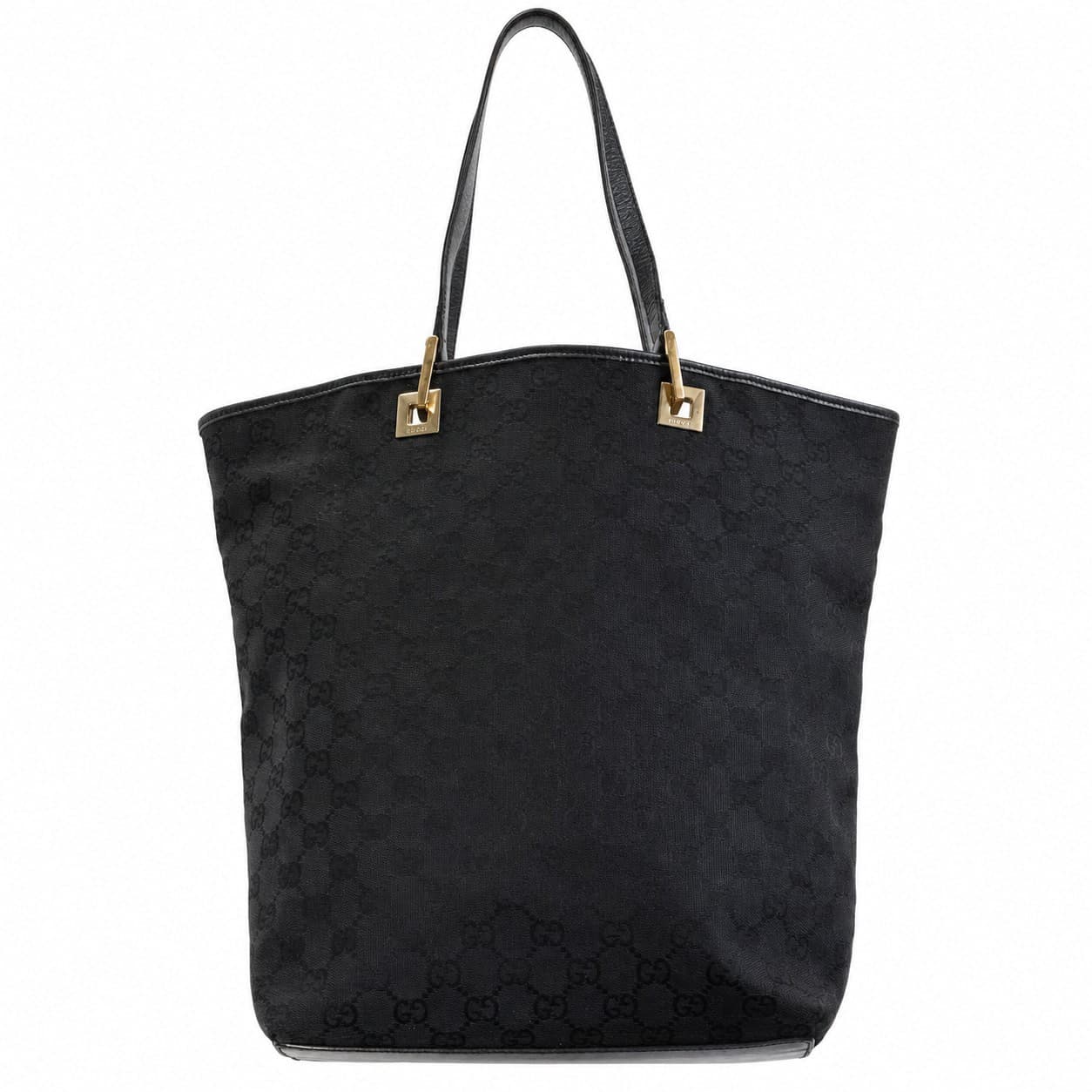 Gucci GG Monogram Canvas Black Leather Tote Shoulder Bag Handbag Purse
