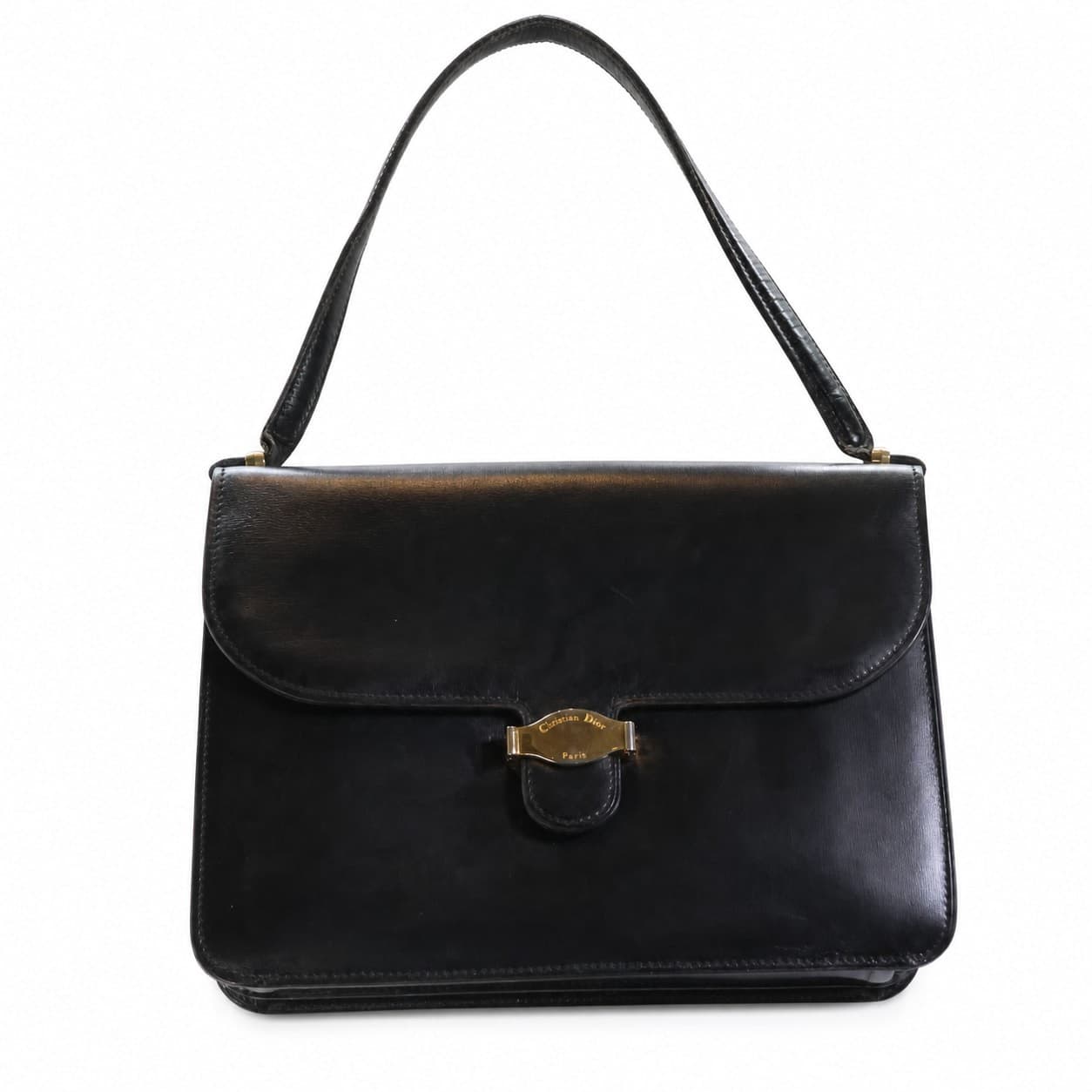 Christian Dior Black Leather Shoulder Bag Handbag Purse Gold Clasp