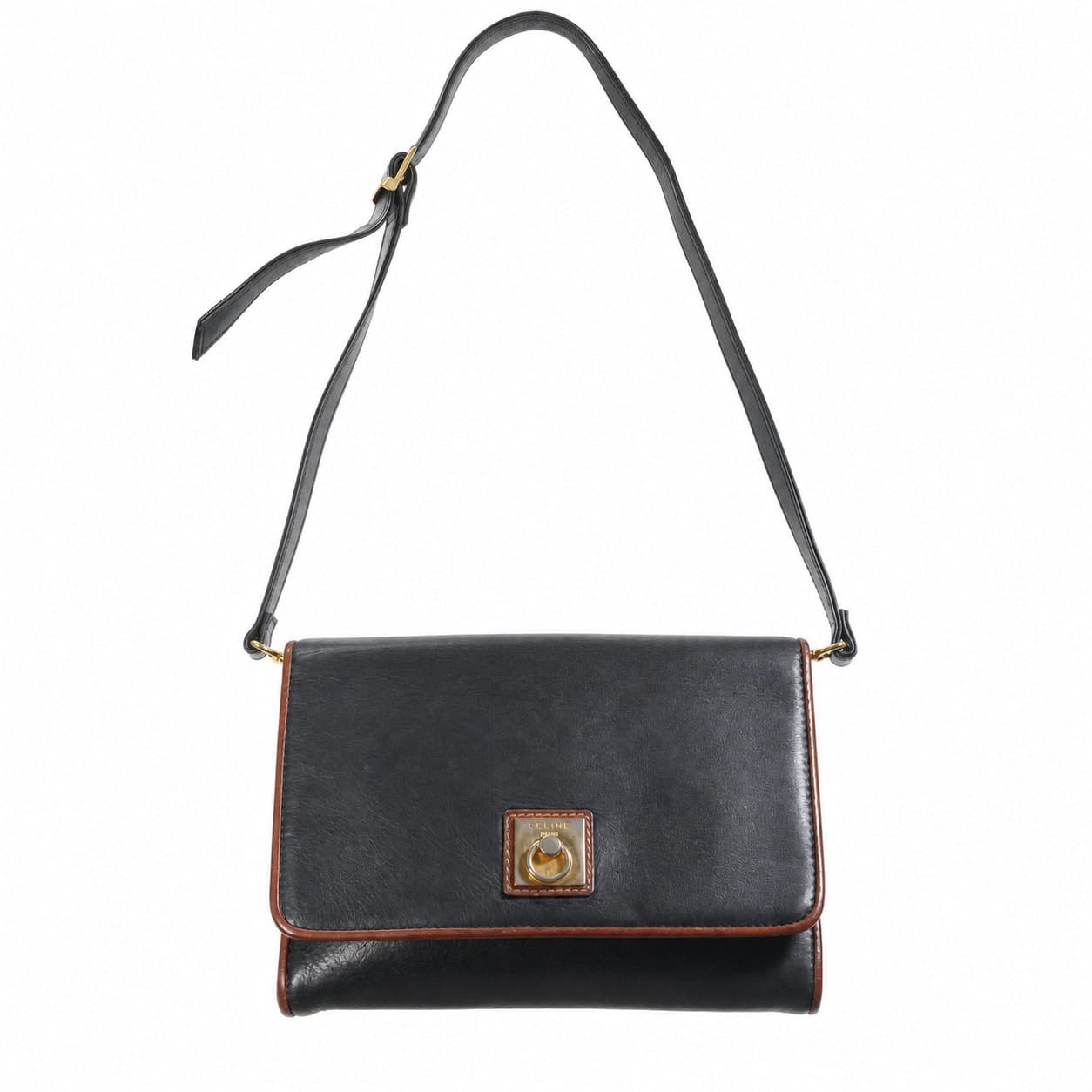 Celine Black Leather Crossbody Shoulder Bag Purse Brown Trim Gold Hardware