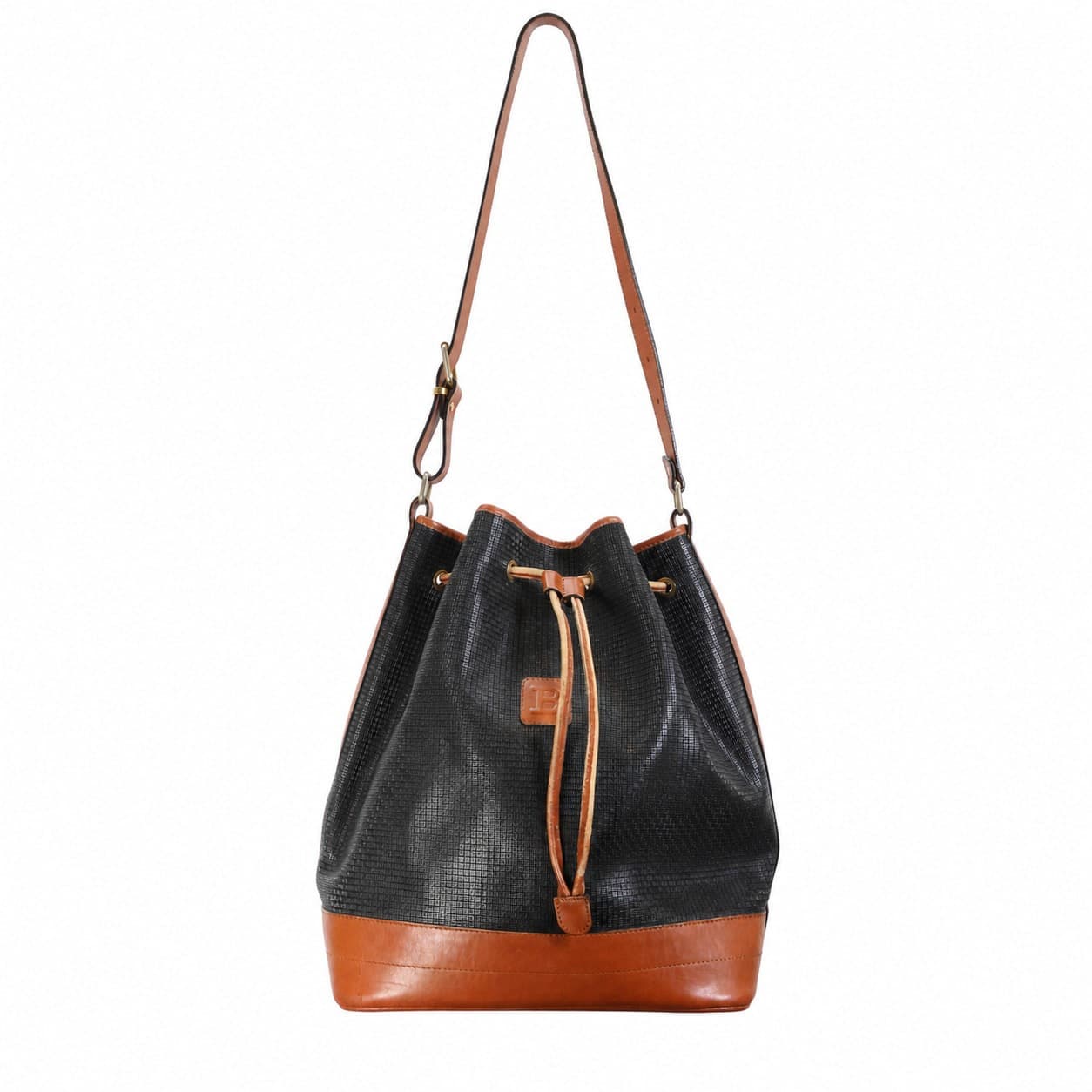Bally Black Tan Leather Monogram Bucket Bag Drawstring Shoulder Crossbody Purse