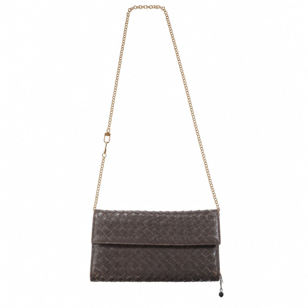 Bottega Veneta Intrecciato Brown Leather Wallet Chain Crossbody Bag Purse