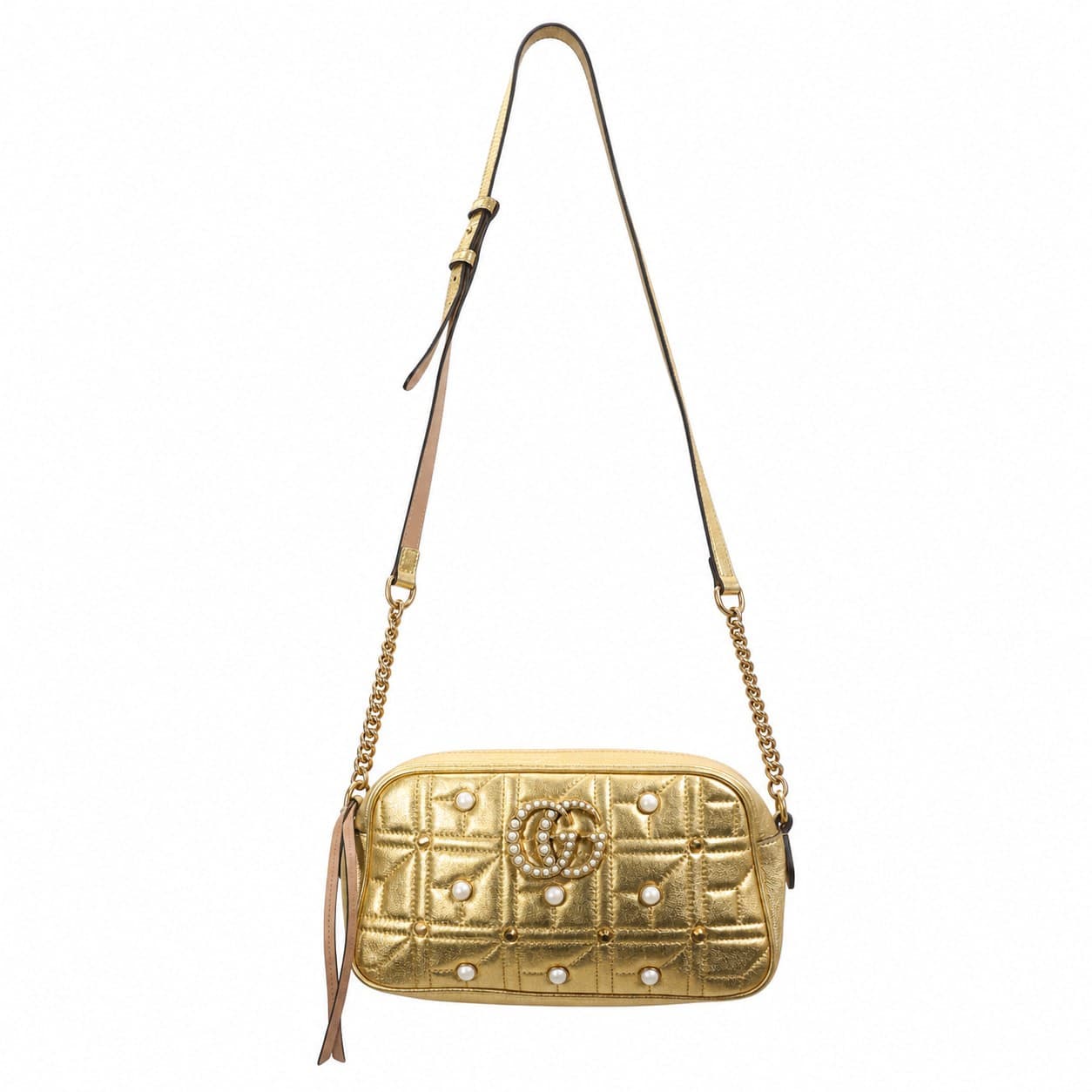 Gucci GG Marmont Matelassé Gold Metallic Leather Pearl Camera Bag Crossbody Shoulder Handbag Purse