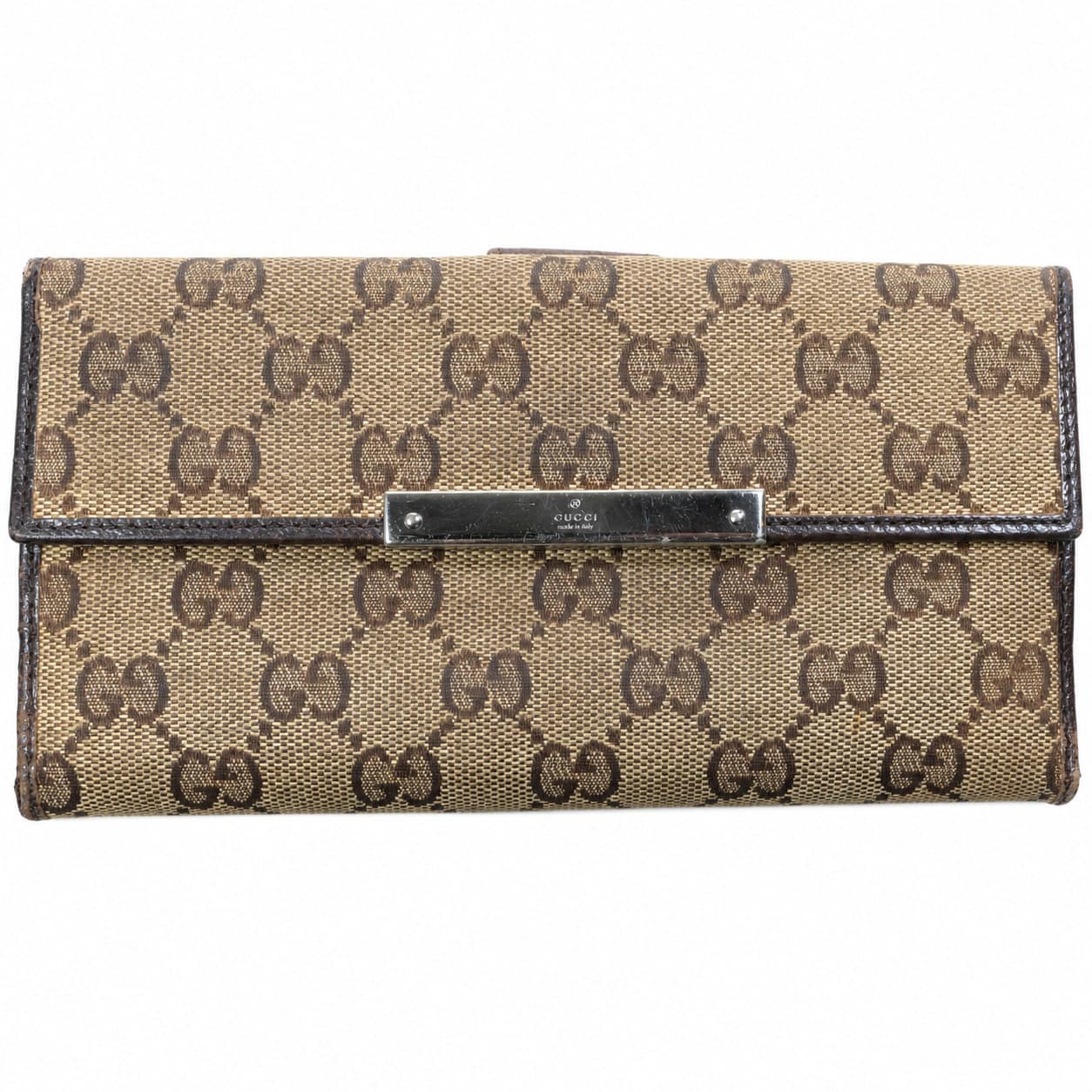 Gucci GG Supreme Canvas Continental Wallet Brown Leather Trim