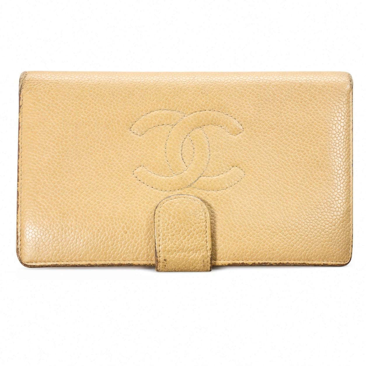 Chanel Caviar Leather CC Logo Bifold Wallet Beige Tan Gold Hardware