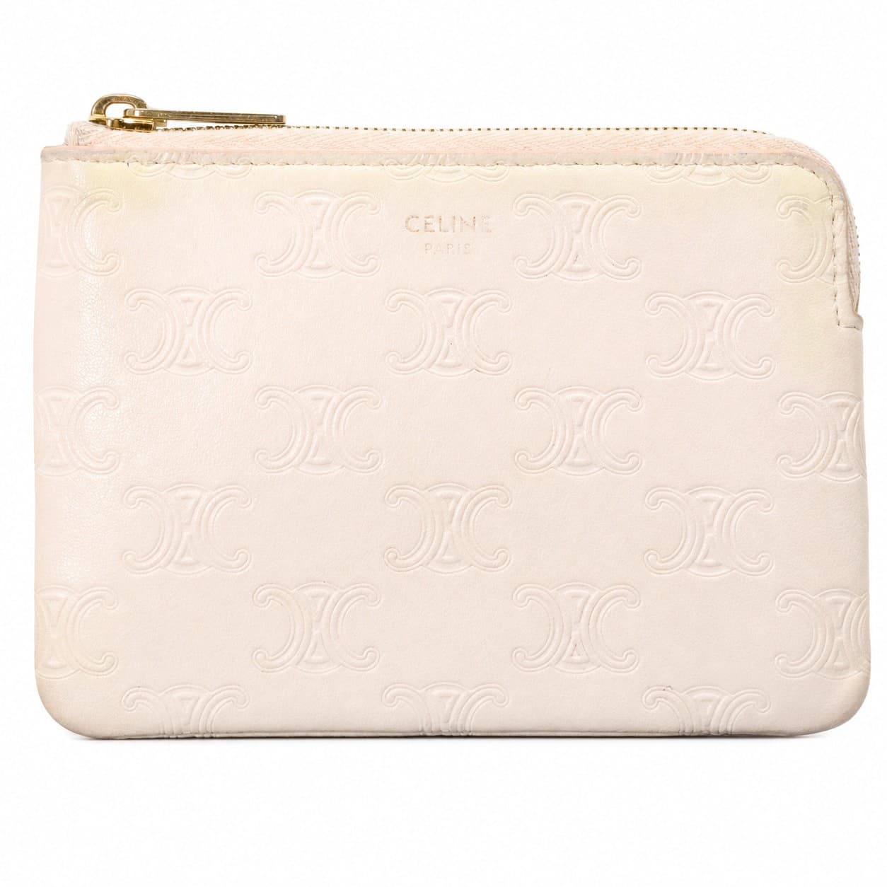 Celine Triomphe Embossed Leather Coin Purse Pouch Beige Gold Hardware