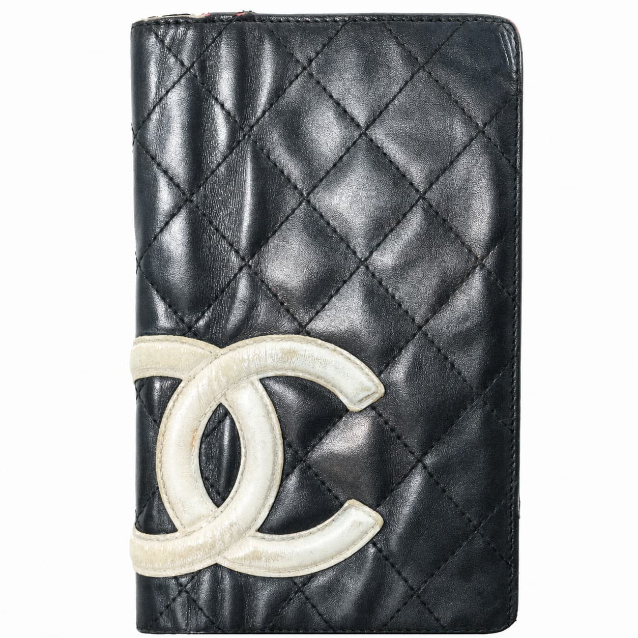 Chanel Cambon Quilted Leather Bifold Wallet Black White CC Pink Interior
