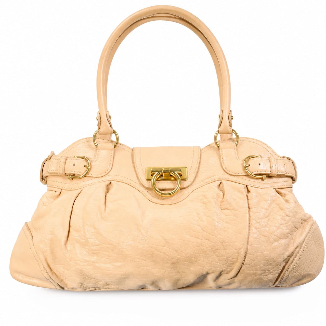 Salvatore Ferragamo Gancini Leather Handbag Purse Bag Satchel Beige Gold Hardware
