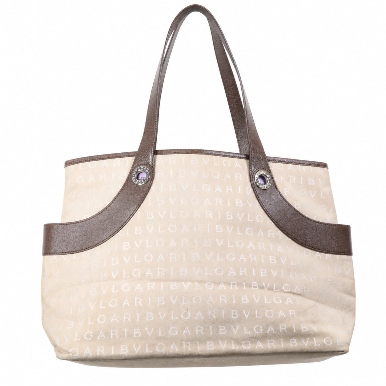 Bulgari Logomania Canvas Leather Shoulder Bag Tote Handbag Purse Beige Brown