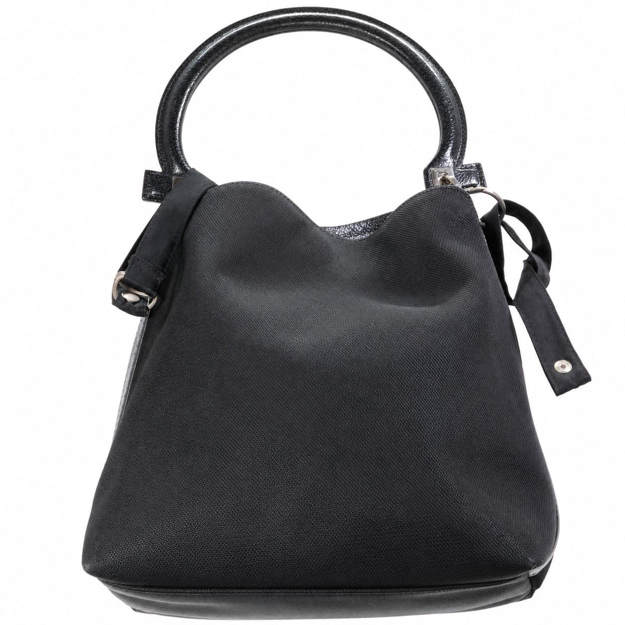 Salvatore Ferragamo Black Nylon Leather Top Handle Shoulder Bag Handbag Purse