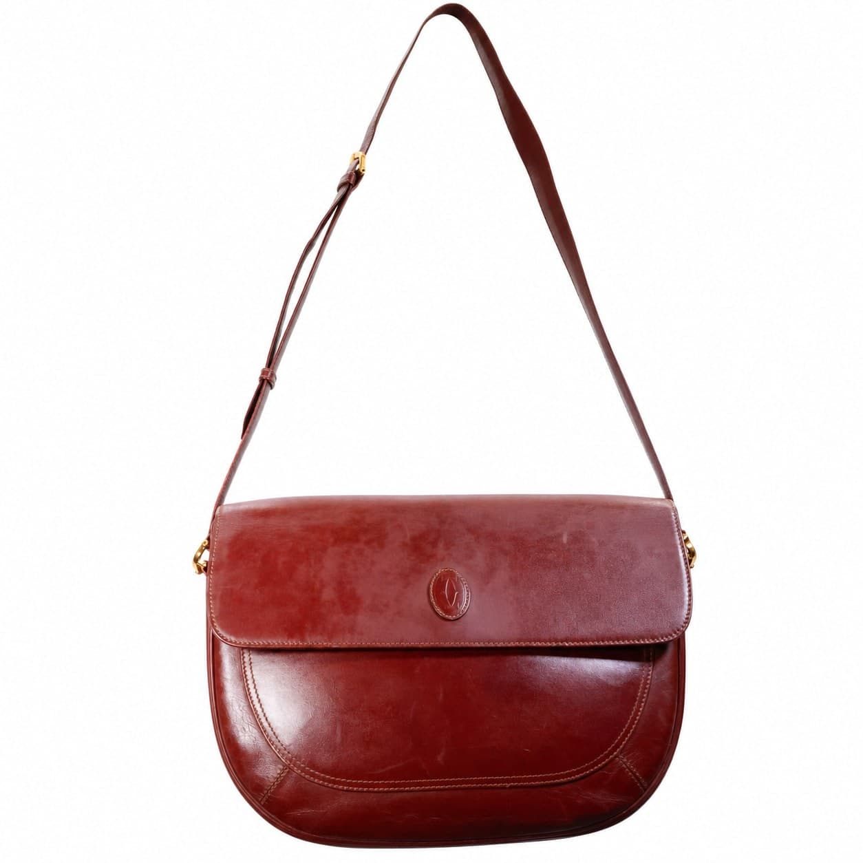 Cartier Must De Cartier Burgundy Leather Shoulder Bag Crossbody Saddle Bag Purse