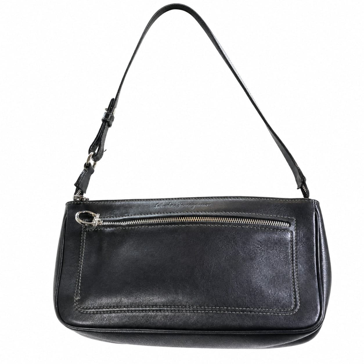 Salvatore Ferragamo Gancini Black Leather Shoulder Bag Crossbody Handbag Purse
