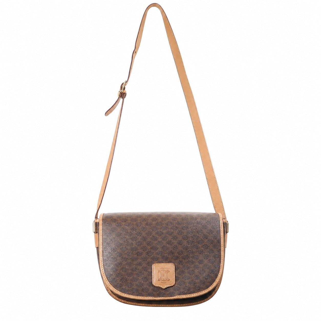 Céline Macadam Monogram Canvas Leather Crossbody Shoulder Bag Purse Brown