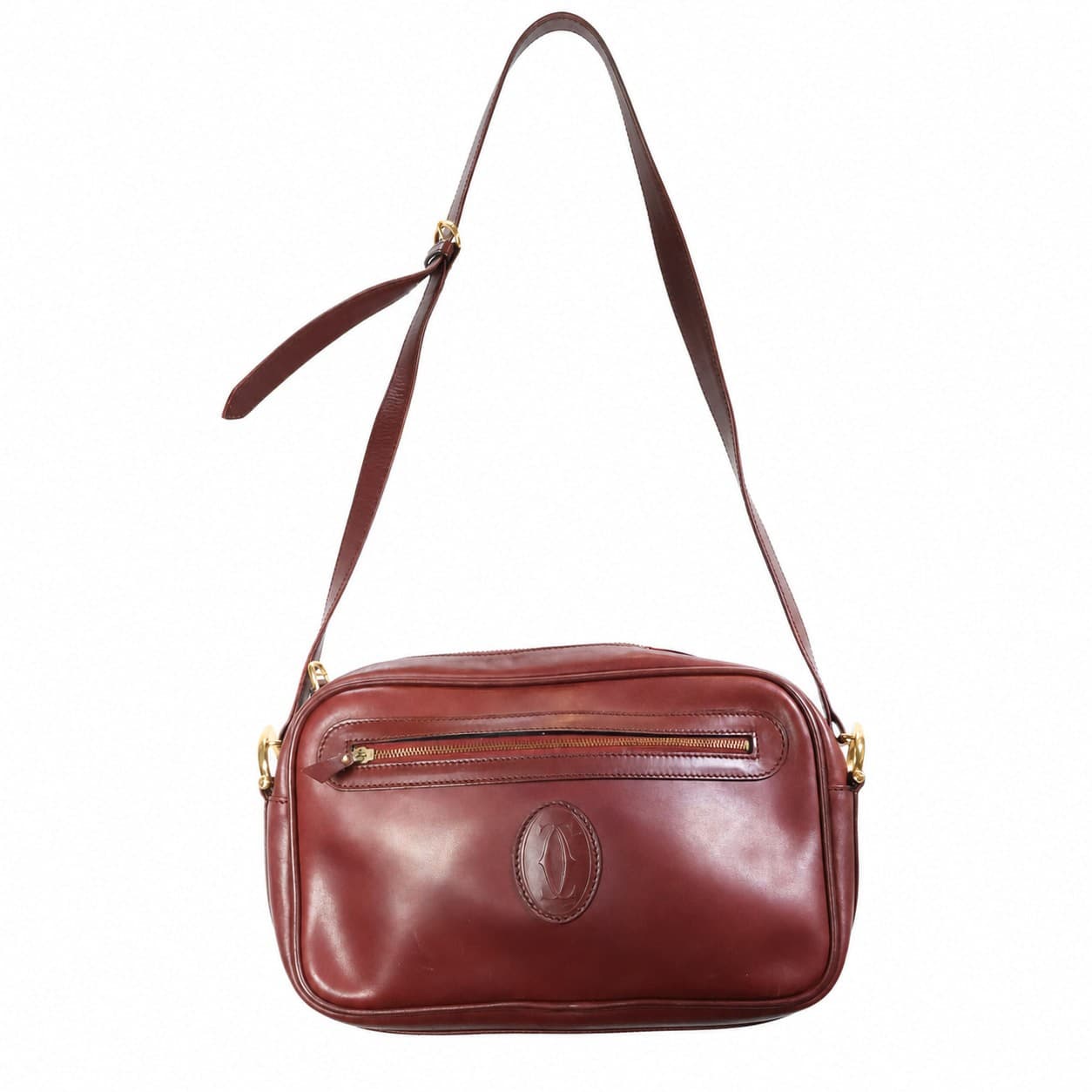 Cartier Must De Cartier Burgundy Leather Crossbody Shoulder Bag Handbag Purse