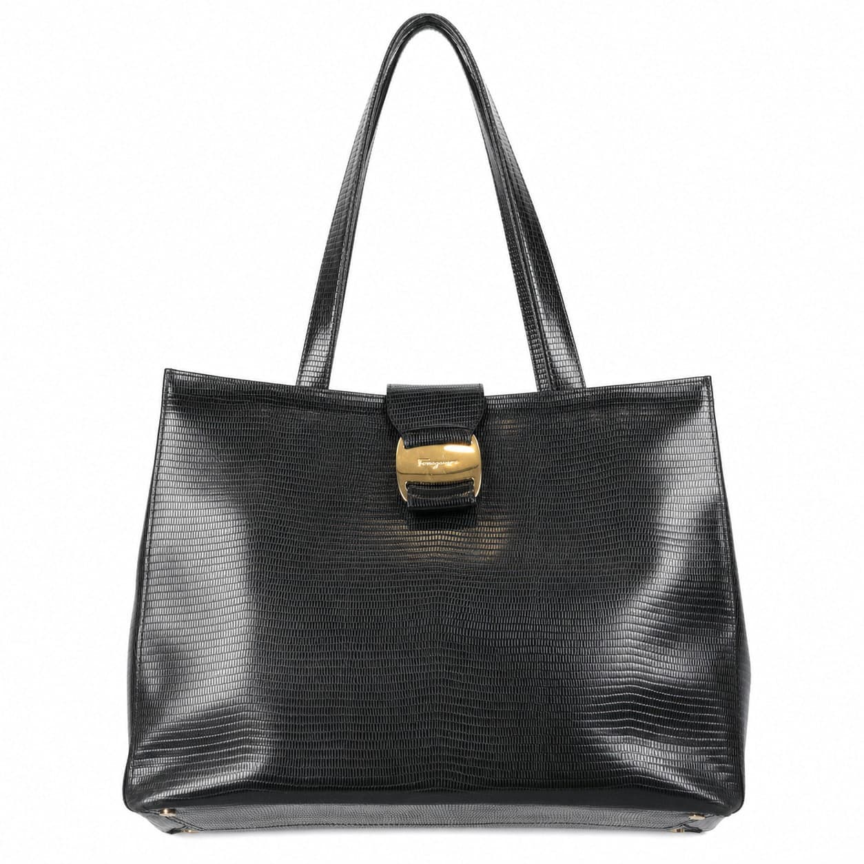 Salvatore Ferragamo Vara Bow Black Lizard Embossed Leather Tote Shoulder Bag Handbag Purse