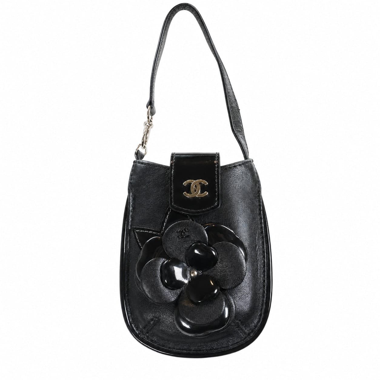 Chanel Black Leather Camellia Flower Shoulder Bag Handbag Purse