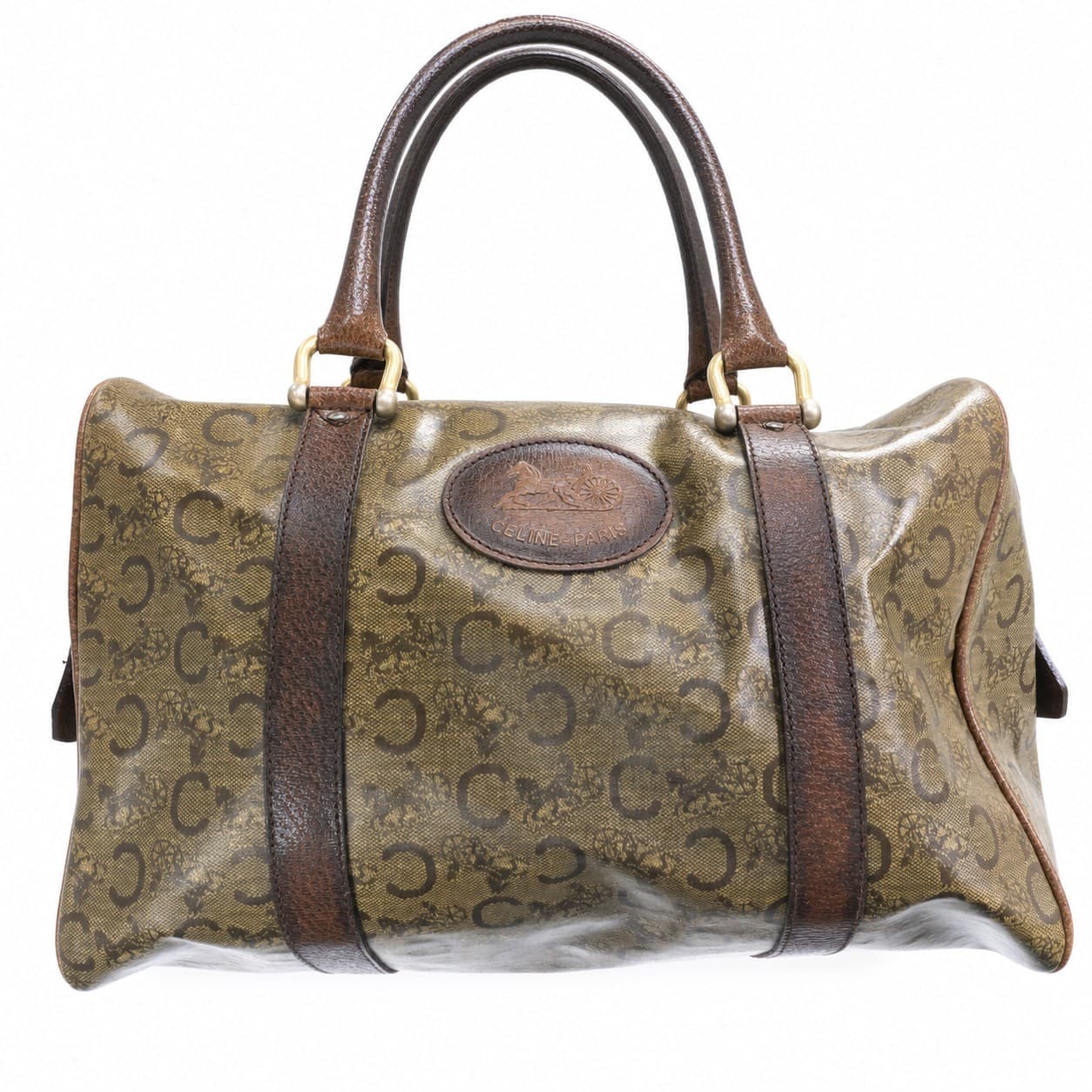 Céline Macadam Coated Canvas Leather Boston Bag Handbag Purse Barrel Top Handle Brown