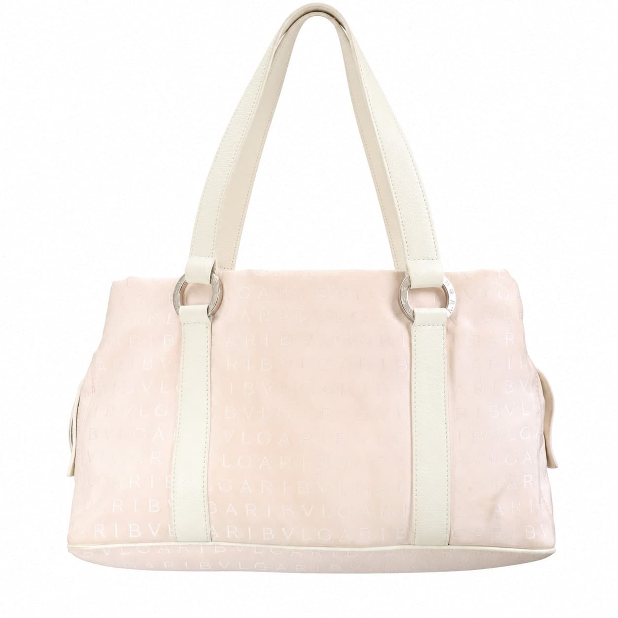Bvlgari Logomania Canvas Leather Barrel Duffle Shoulder Bag Handbag Pink Beige