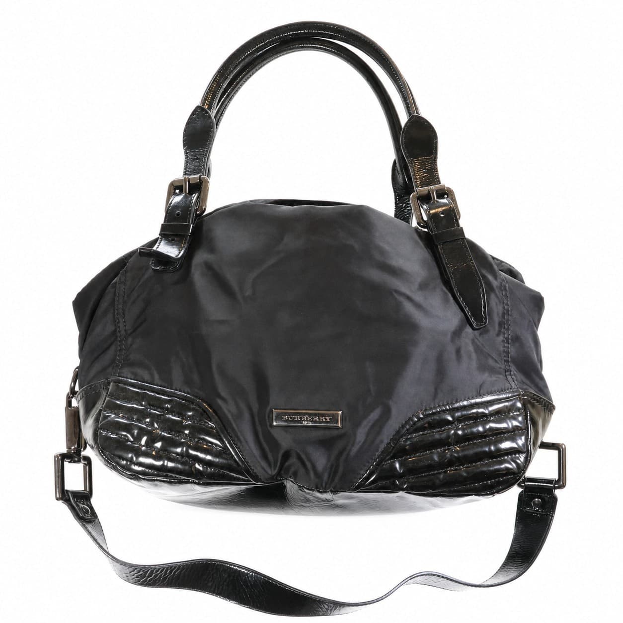 Burberry Black Nylon Patent Leather Shoulder Bag Satchel Handbag Purse