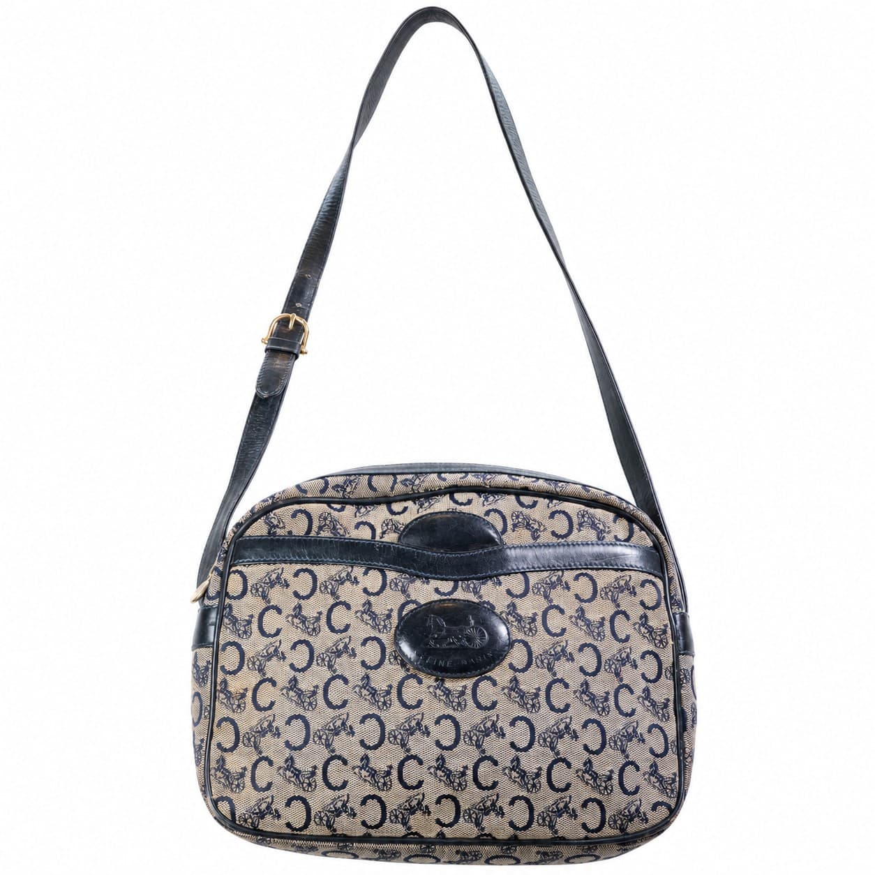Céline Macadam Canvas Leather Crossbody Shoulder Bag Beige Navy Blue