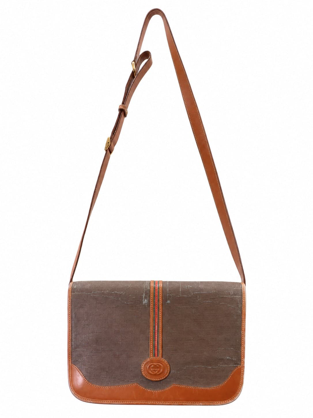 Gucci GG Monogram Canvas Leather Trim Brown Crossbody Shoulder Messenger Bag