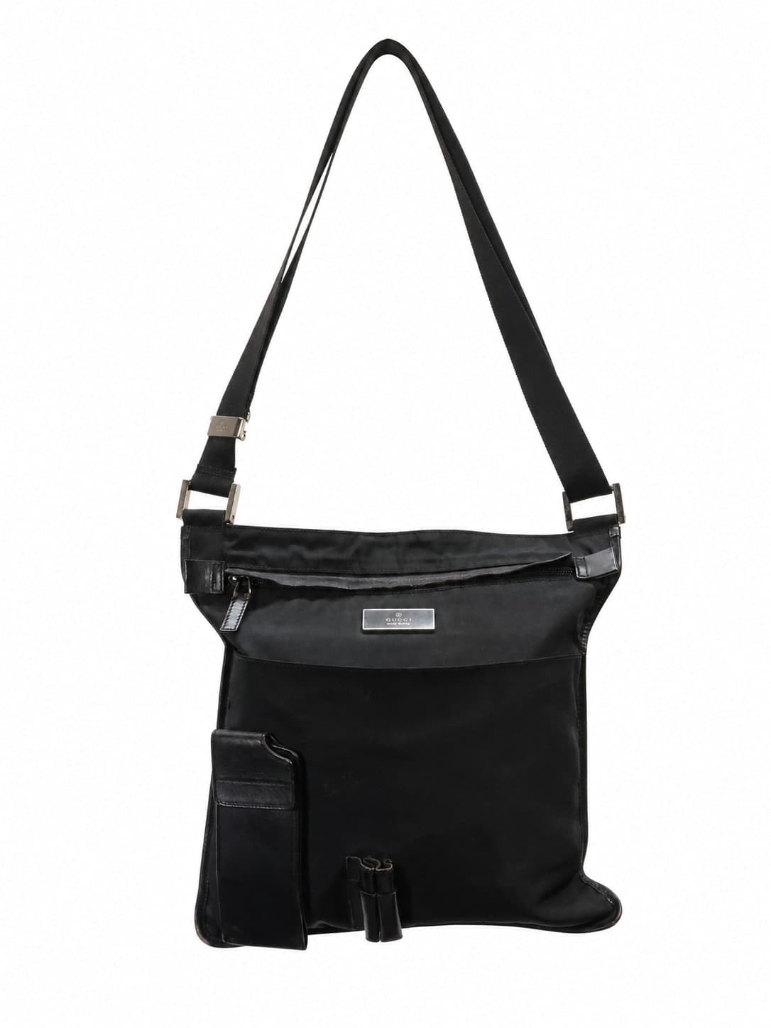 Gucci Black Nylon Leather Crossbody Messenger Bag Handbag Purse Silver Hardware