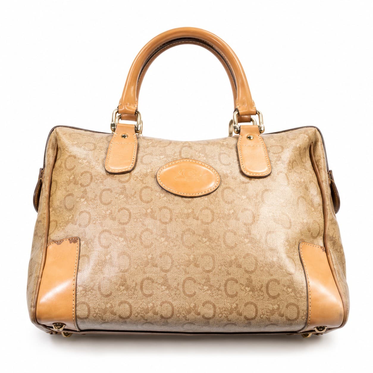 Céline Macadam Canvas Leather Doctor Bag Boston Bag Handbag Purse Beige Tan