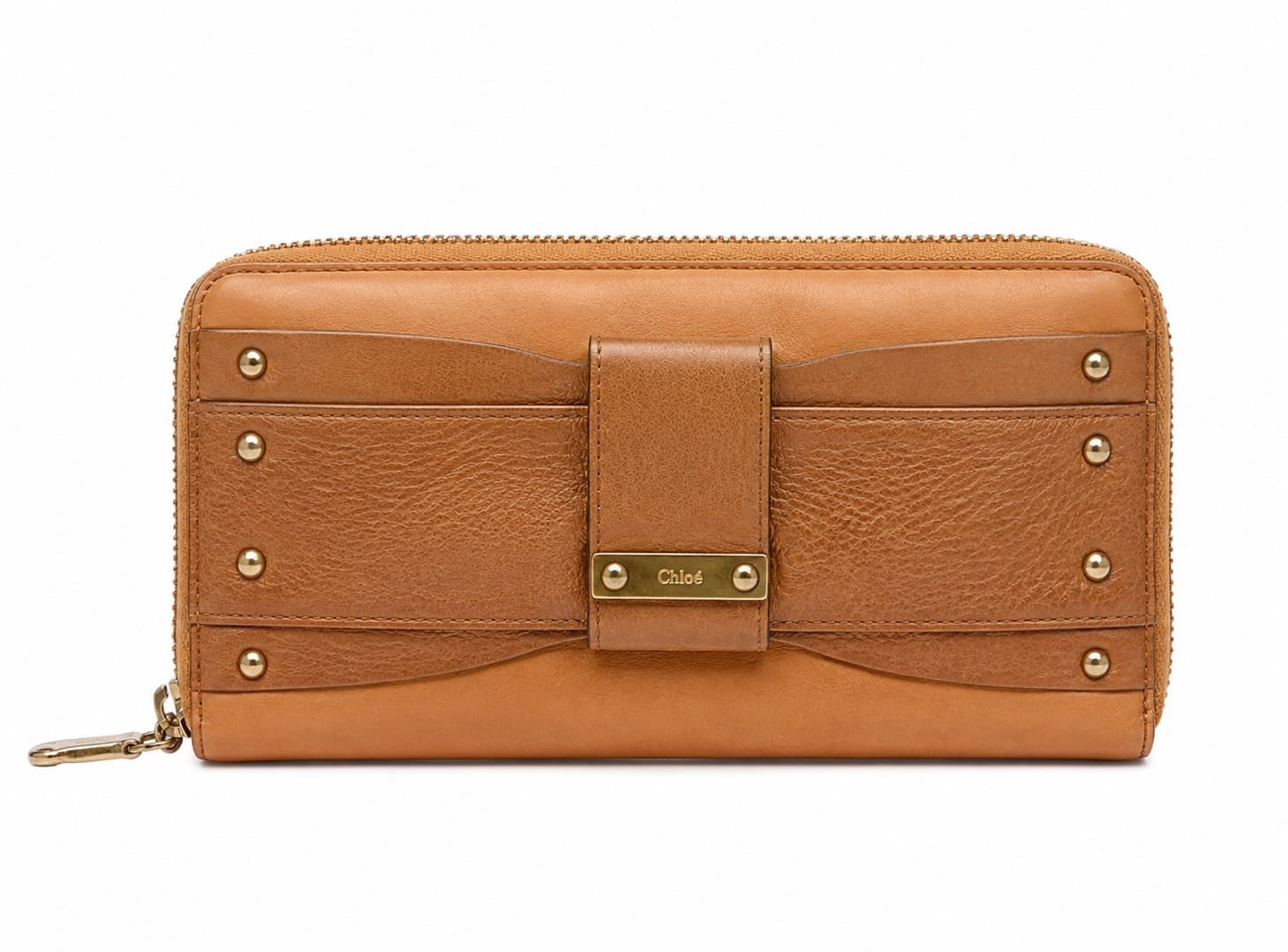 Chloé Leather Zip Around Continental Wallet Tan Brown Bow Detail Gold Hardware