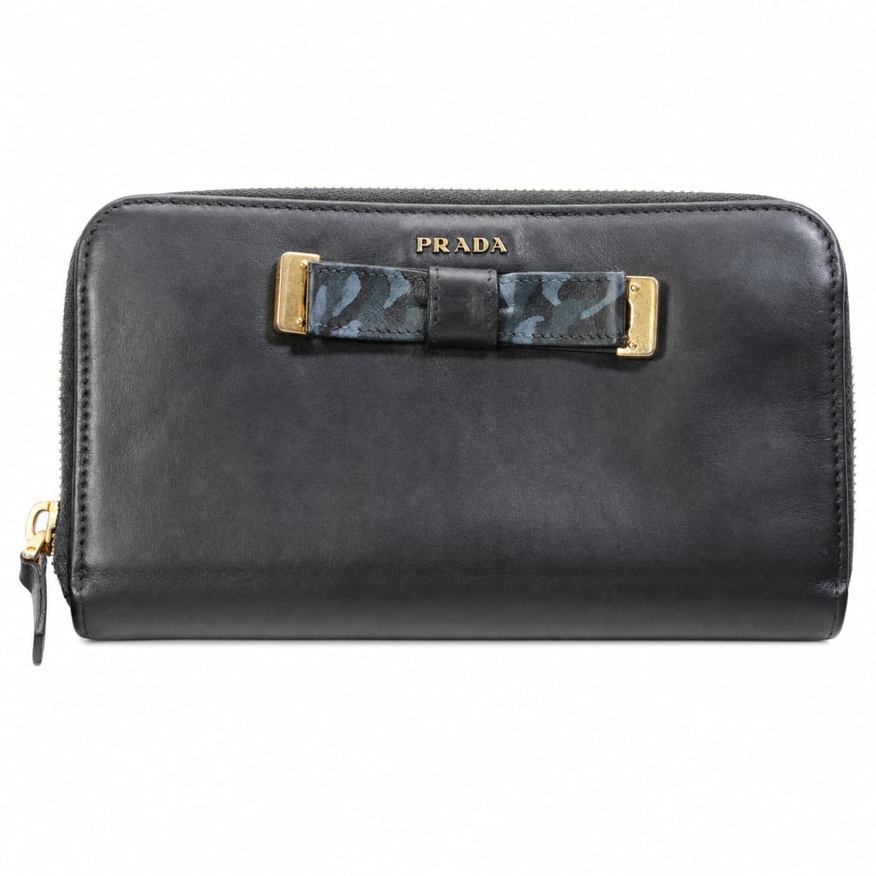 Prada Black Leather Bow Zip Around Wallet Purse Gold Hardware