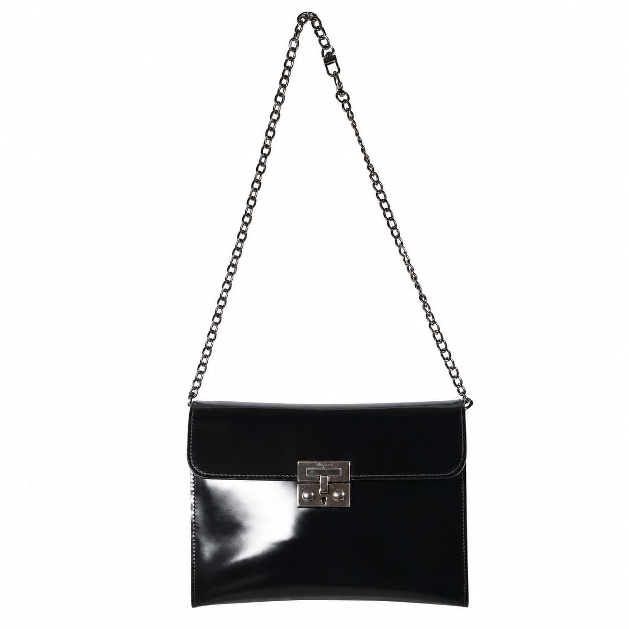 Salvatore Ferragamo Black Patent Leather Chain Shoulder Bag Crossbody Purse Handbag