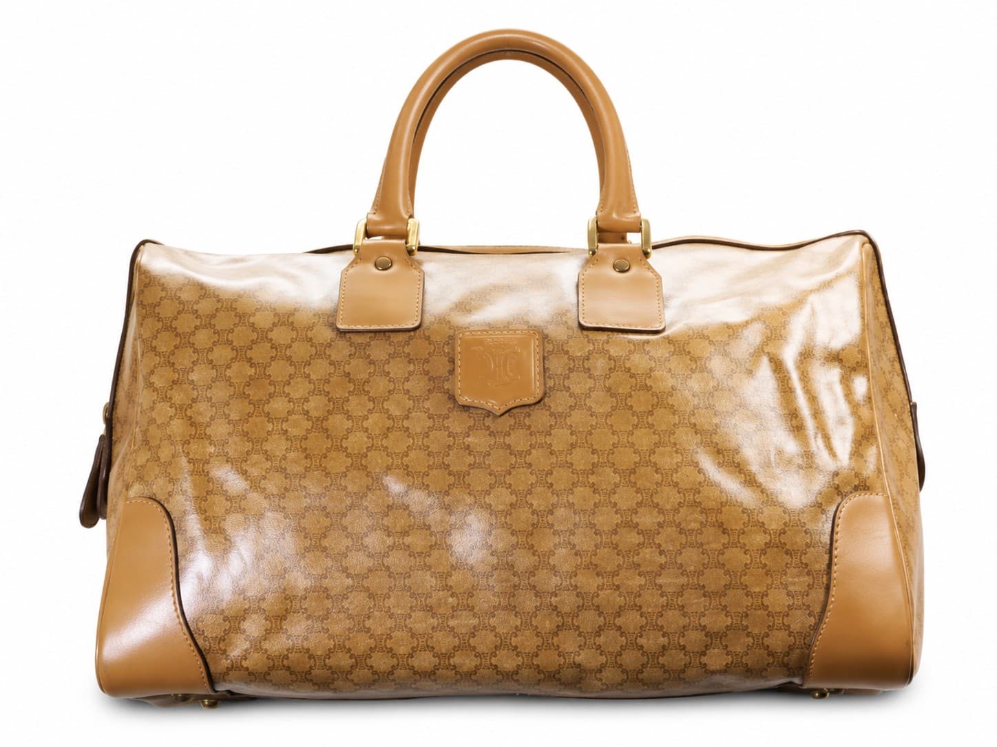 Céline Macadam Coated Canvas Leather Boston Barrel Satchel Top Handle Handbag Purse Bag Brown