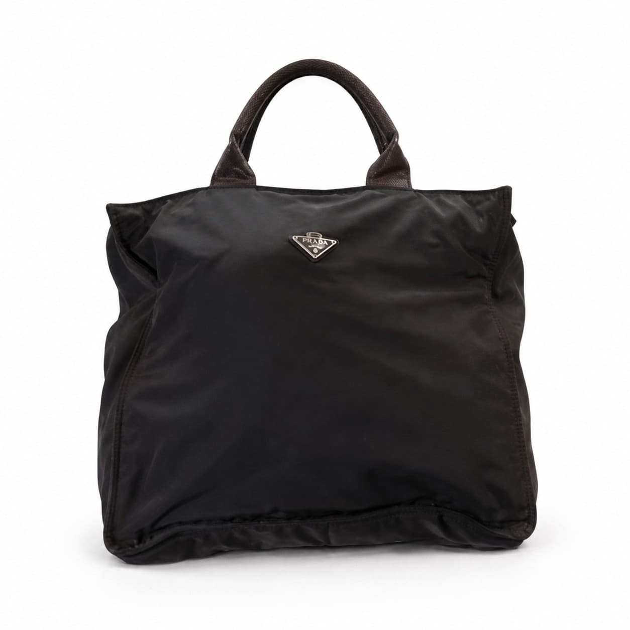 Bottega Veneta Nylon Leather Tote Handbag Purse Bag Black Brown Triangle Logo