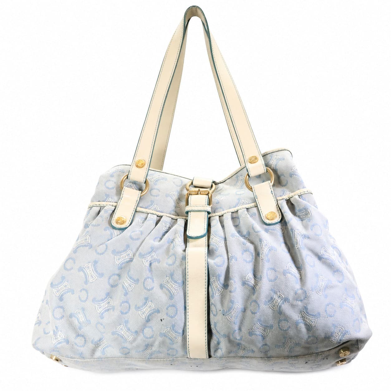 Céline Macadam Monogram Canvas Leather Shoulder Bag Handbag Purse Light Blue