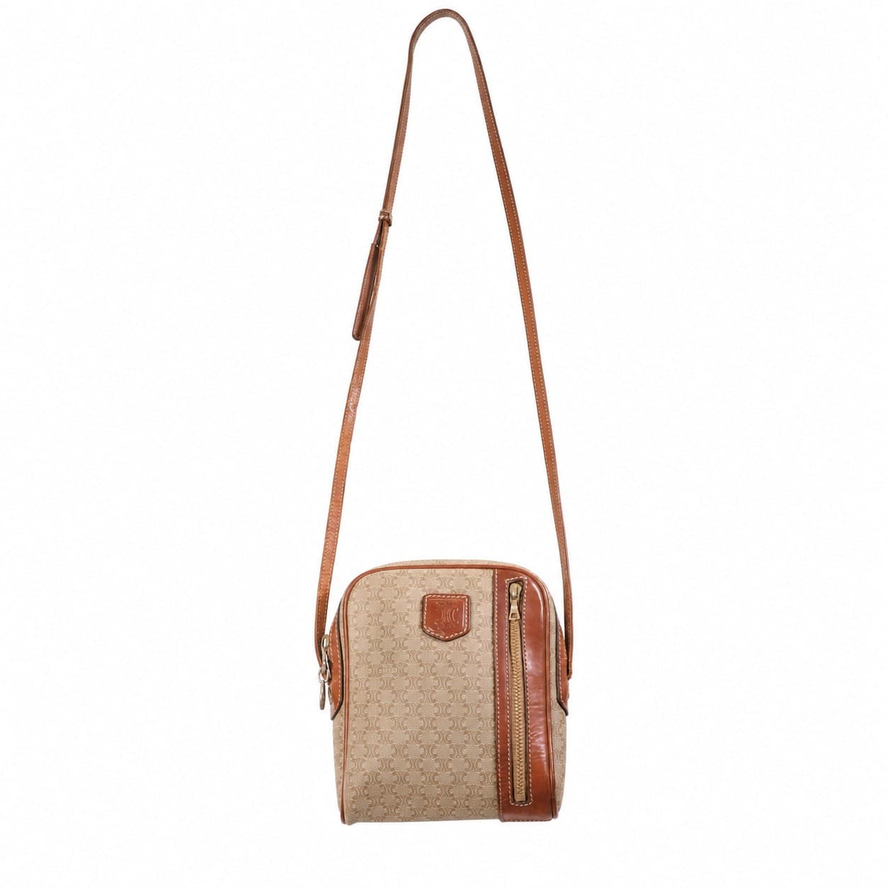 Céline Macadam Canvas Leather Crossbody Shoulder Bag Handbag Purse Brown Beige