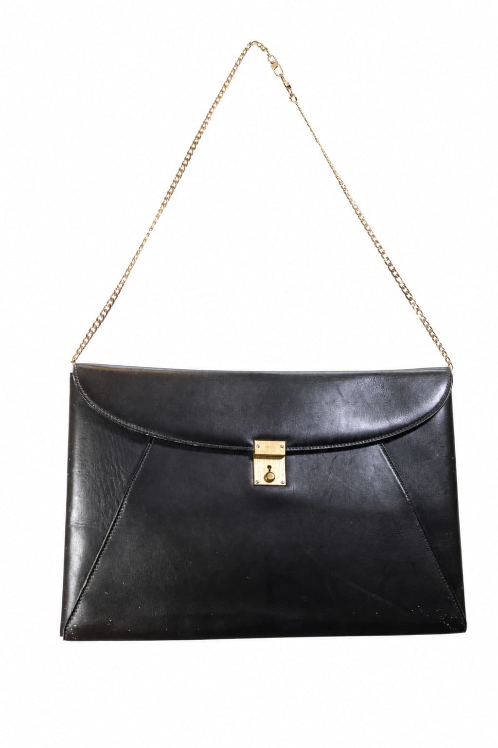 Gucci Black Leather Envelope Shoulder Bag Handbag Purse Gold Chain Strap