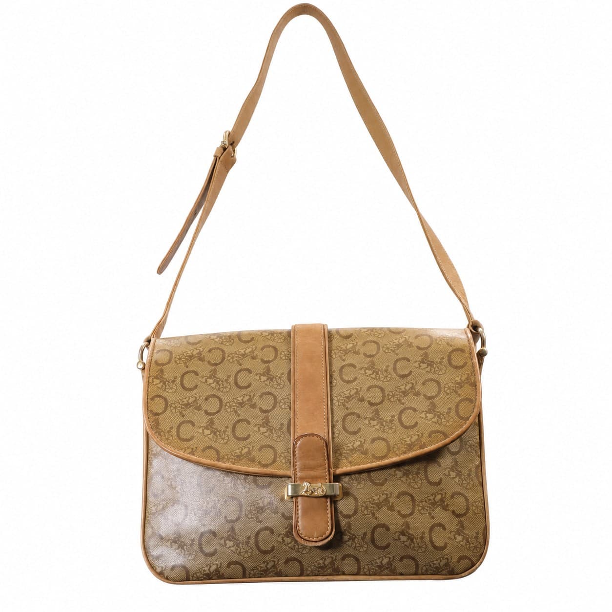 Céline Macadam Canvas Leather Crossbody Shoulder Bag Handbag Carriage Clasp Tan